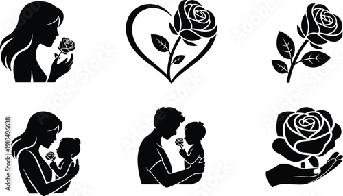 Mother and child with rose black silhouette icons set, love heart flower family care vector illustration collection isolated on white background