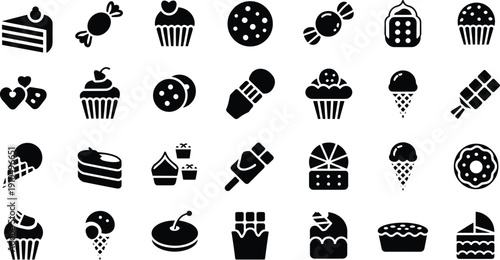 Sweet dessert and candy icons collection, black silhouette bakery and confectionery vector set with cupcakes ice cream chocolate cake symbols