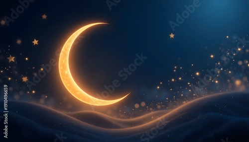 Mystical Crescent Moon Glowing in a Starry Night Sky.