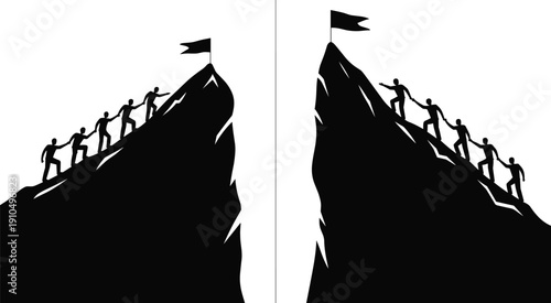 Teamwork Mountain Climbing Silhouette Set, Business People Helping Each Other Reach Summit with Flag Vector Illustration Isolated on White Background