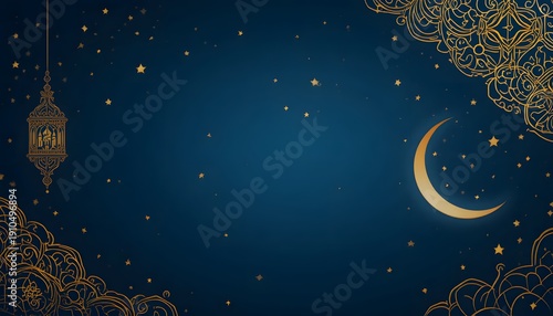 Ramadan Crescent Moon and Lantern Illuminated Night Sky.