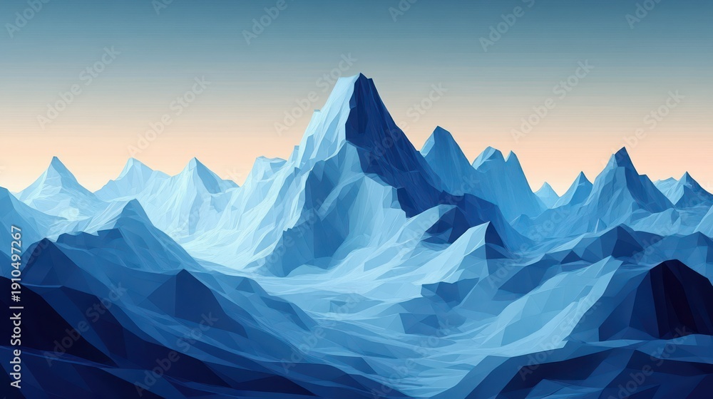 Fototapeta premium low-poly blue mountain range under a soft peach dawn sky, serene and majestic