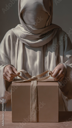 Mysterious figure in robe holding a wrapped gift box
