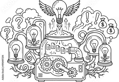 Vector Line Art of Startup Incubation Machine: Turning Questions into Ideas, Innovation and Financial Profit