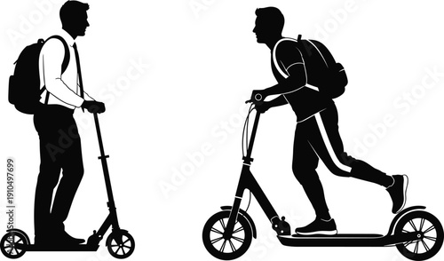 Two men riding kick scooters with backpacks, urban eco transport silhouette isolated on gray background, modern city commuting vector illustration