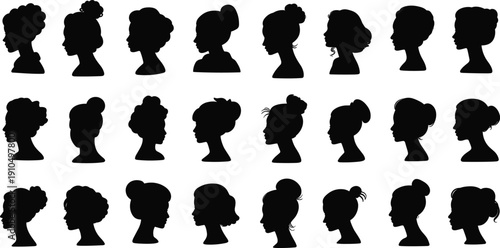 Women profile silhouette collection isolated on white background, female head portraits with various hairstyles black vector illustration set