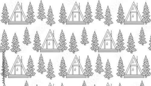 Seamless pattern with hand drawn Nordic A frame cabins and pine trees Scandinavian winter forest line art background for wrapping paper wallpaper textile fabric kids coloring pages and branding