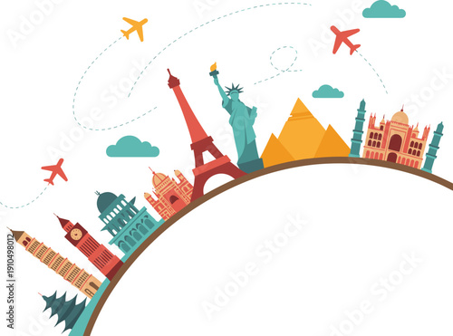 World travel landmarks illustration with airplanes and famous monuments, colorful global tourism vector design isolated on white background