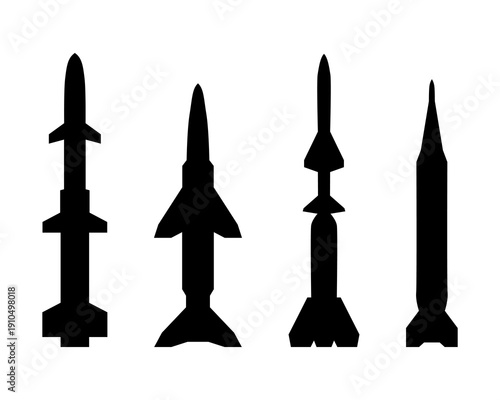 Black missile icon collection. Combat rocket weapons. Set of weapon and rocket symbol. Missile silhouette collection. Vector eps