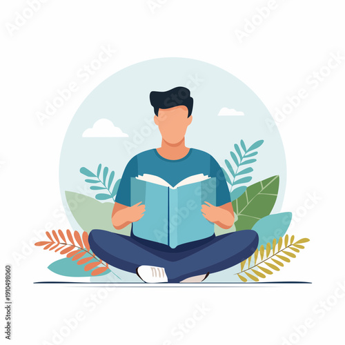 A peaceful man absorbed in a book, embracing knowledge and tranquility in a calm environment for personal growth