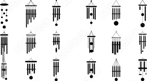 Wind chime silhouettes collection isolated on white background, decorative hanging garden chimes black vector illustration set for home decor design