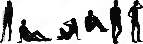 Young people silhouettes collection isolated on white background, men and women standing sitting black vector illustration set