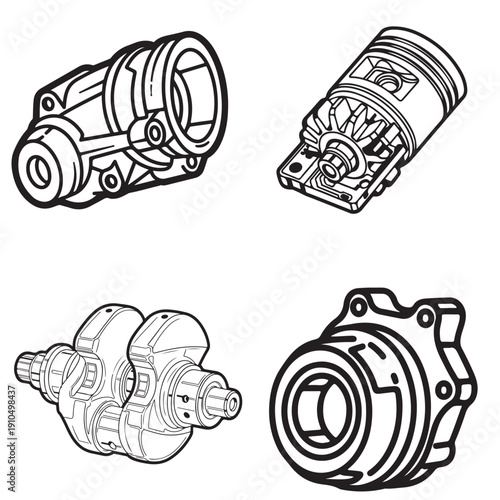 Piston and Gear Assembly Set Internal Engine Component Technical Drawing