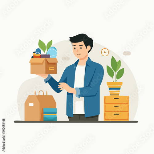 Smiling man packing a cardboard box with household items, symbolizing a fresh start, relocation, or moving day preparation