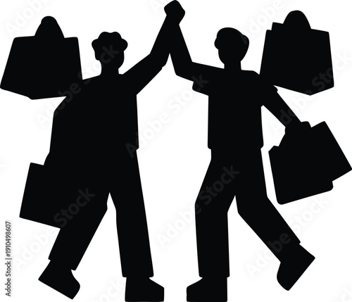 Retro pixel shoppers holding bags full of great deals