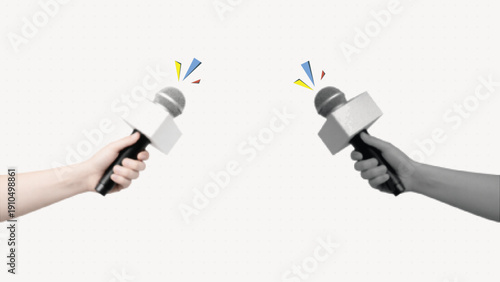 Halftone Reporter Microphone in Hand, News Interview and Media Communication Vector