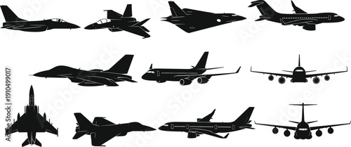 Black, aircraft, silhouettes, set, featuring, commercial, passenger, jets, and, military, fighter, planes, isolated, on, white, background, vector, illustration, for, aviation.
