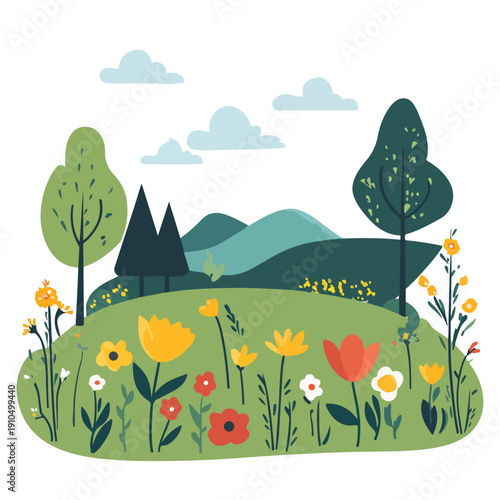 Flat vector illustration of a spring landscape. Green meadow with colorful flowers, trees, and blue mountains under a cloudy sky. Nature background.