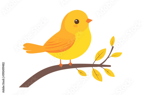 Cute yellow bird sitting on a branch with leaves vector illustration. Simple cartoon songbird character isolated on white. Spring nature design.