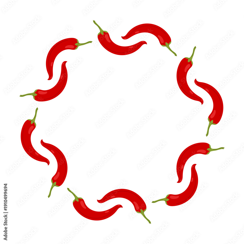 Fototapeta premium Decorative round border of red chili peppers. Spicy vegetable wreath for posters, banners, food advertising, festival graphics and culinary promotions.