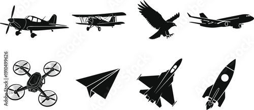 Black, aviation, silhouettes, set, featuring, airplane, drone, rocket, eagle, and, paper, plane, isolated, on, white, background, vector, illustration, for, design.