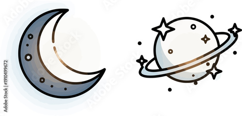 Crescent Moon Paired With Ringed Planet Scene