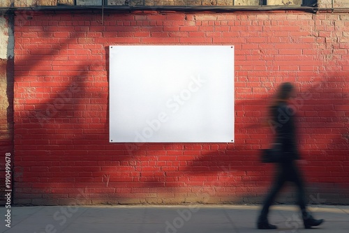 blank white poster on a red brick wall with tree shadows and a blurred pedestrian walking by on a sunlit sidewalk, solitary urban mood