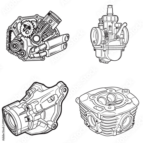 Transmission Case and Carburetor Assembly Set: Engine Drivetrain Outline