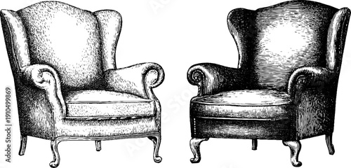 Vintage armchair engraving set with bold black lines for retro design and decoration