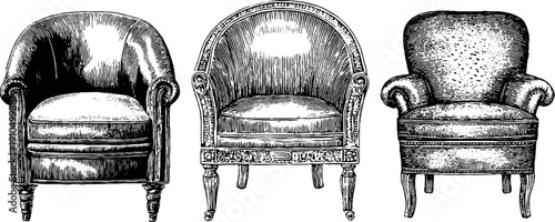 Vintage engraved armchair illustration set for decor and design
