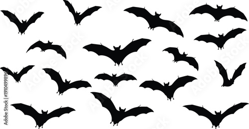 Black, bat, silhouettes, flying, in, a, group, isolated, on, white, background, vector, illustration, set, for, halloween, and, spooky, design.