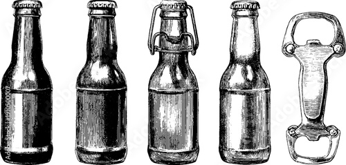 Vintage engraved bottle opener and bottles set for retro design and decoration