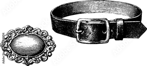 Vintage engraved belt buckle and leather belt sketch for retro design