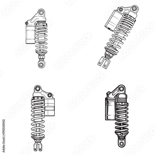 Motorcycle Suspension and Shock Absorber Set: Dampener System Line Art