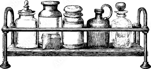 Vintage engraved illustration of bottle rack with divider and rail for retro design
