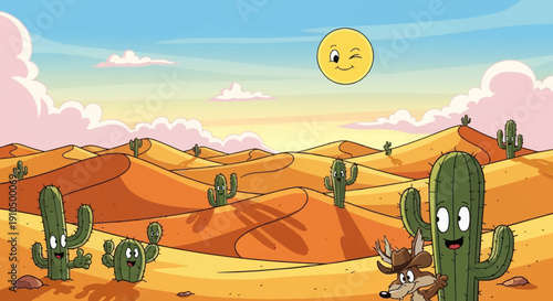 A playful desert scene with smiling cacti, a winking sun, and a friendly coyote, all set against the backdrop of rolling sand dunes and a bright blue sky