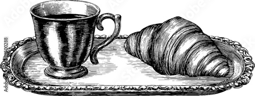 Vintage breakfast scene with coffee cup and croissant - hand drawn engraved illustration for retro kitchen decor