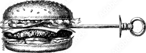Vintage engraved illustration of burger with skewer for culinary design