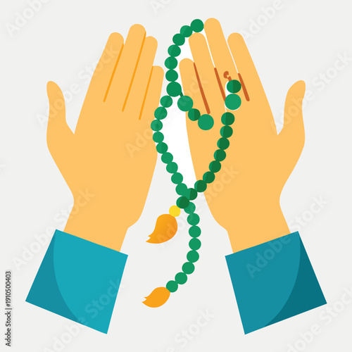 hands praying with Tasbih beads during Ramadan wit 