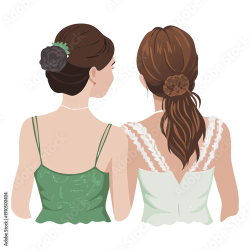 Elegant Bride and Bridesmaid Back View Hairstyle Wedding Fashion Illustration Vector.