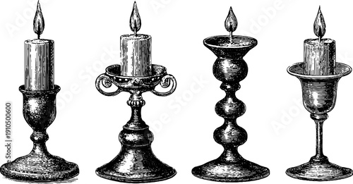 Vintage candle holder set engraving illustration for classic design and decoration