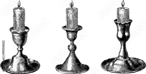 Vintage engraved illustration set of candles in holders for retro design and decoration