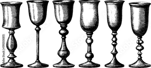 Vintage champagne flute collection engraving for retro design and decor