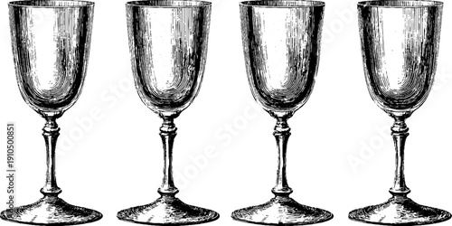 Vintage engraved champagne flute set sketch for retro design and decoration