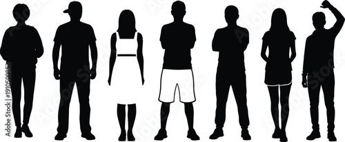 Diverse group of people silhouettes standing in a row wearing casual summer clothing isolated on white background for lifestyle design