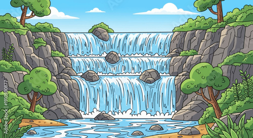 A peaceful waterfall flowing over smooth rocks, surrounded by lush greenery and plants under a bright blue sky. The scene exudes tranquility and natural beauty