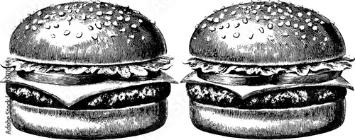 Vintage engraved cheeseburger illustration set for retro design and decor