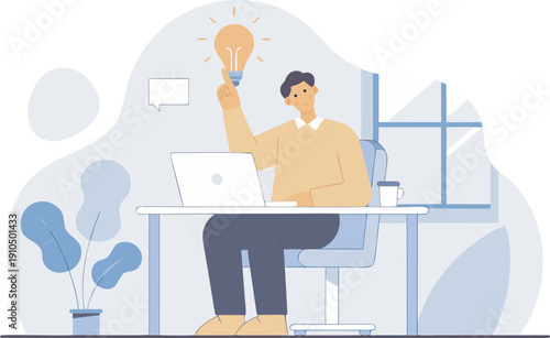 Young man working on laptop with creative idea lightbulb in modern home office flat vector illustration