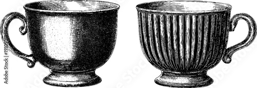 Vintage coffee cup set engraving with bold black lines for retro design and decor