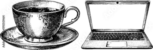 Vintage engraved illustration set of coffee cup and laptop for design and inspiration